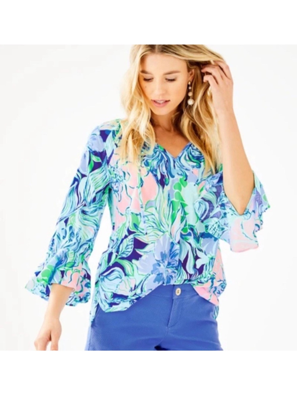 Lilly Pulitzer Multicolor Floral V-Neck Ruffle Sleeve Top Size XS